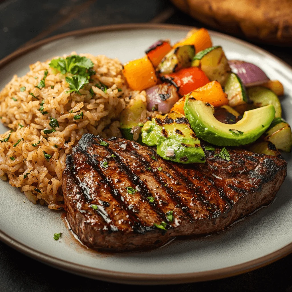 What Makes This Chipotle Steak Recipe So Irresistible? Find Out Now! A delicious serving of chipotle steak with rice, grilled vegetables, and avocado slices on the side