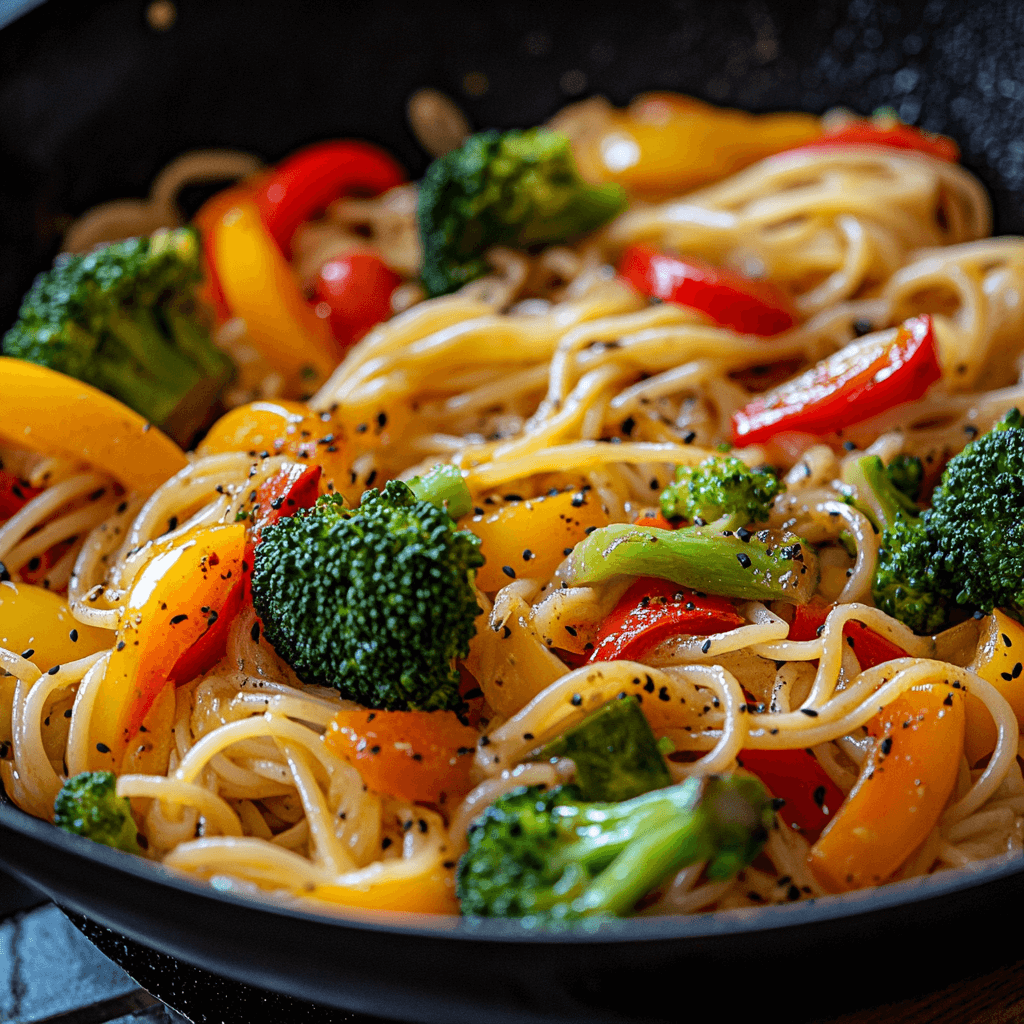 Capellini Cooking 101: Everything You Need to Know Stir-fried capellini pasta in a pan with colorful vegetables like bell peppers, broccoli, and carrots