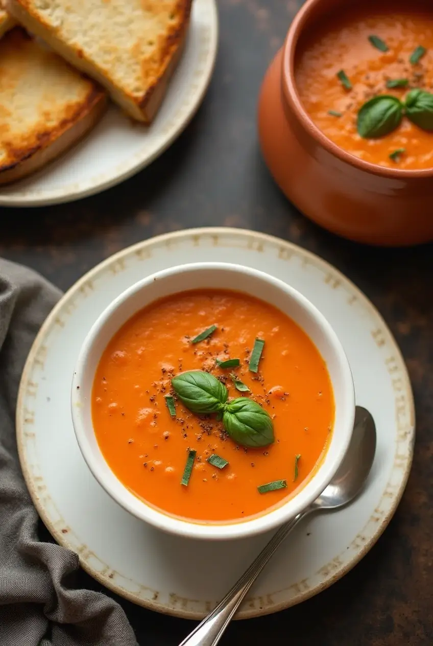 Finished Winter Comfort Foods dish | Simple presentation of Creamy Tomato Basil Soup with Grilled Cheese Finished Winter Comfort Foods dish | Simple presentation of Creamy Tomato Basil Soup with Grilled Cheese